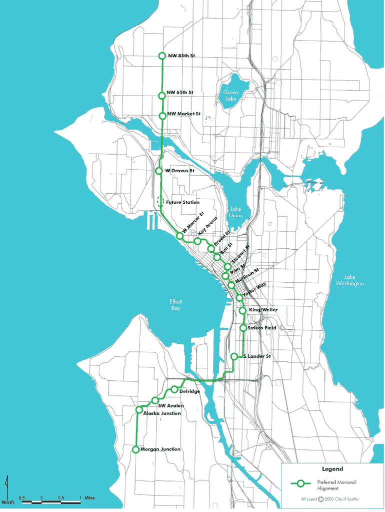 Map showing the proposed route of the Green Line monorail